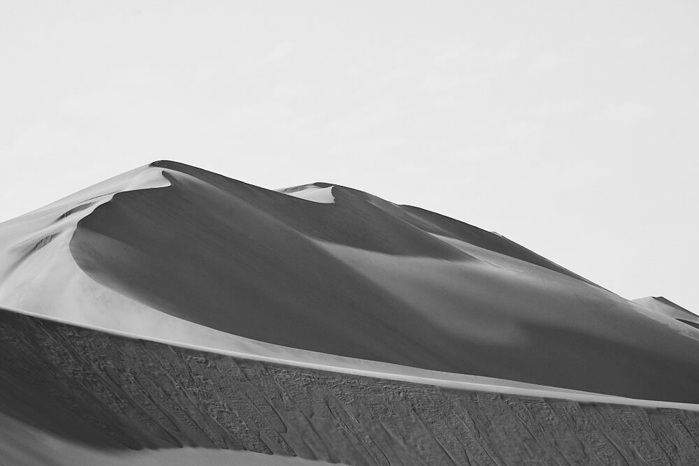 Das Bild zeigt Impressionen aus den Dünen um Swakopmund in schwarz/weiss.