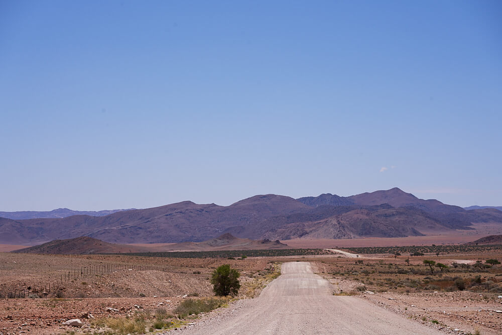 The picture shows a colorful landscape with a gravel road and mountains in the background.