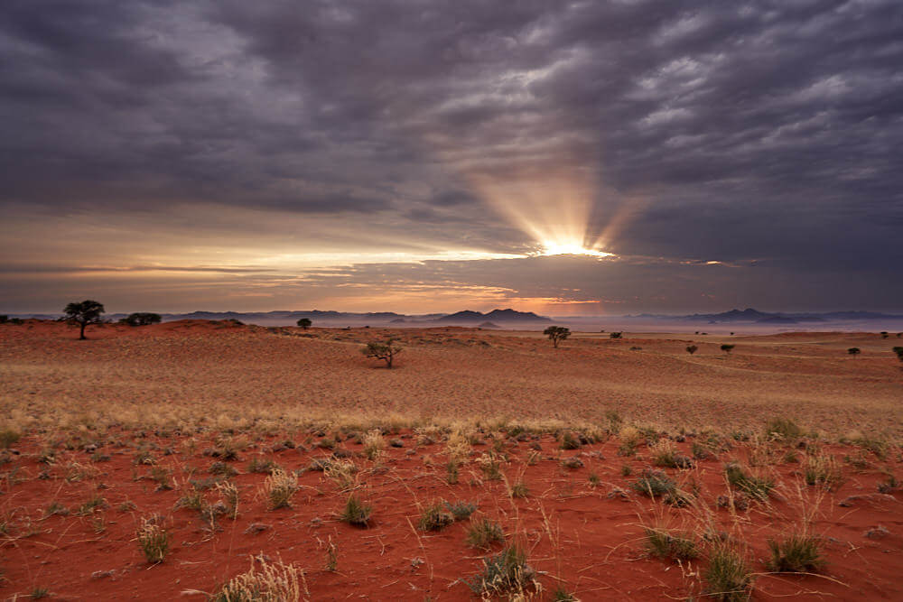 Dieses Bild zeigt die morgendliche Wüstenstimmung mit durch die dunklen Wolken brechender Sonne