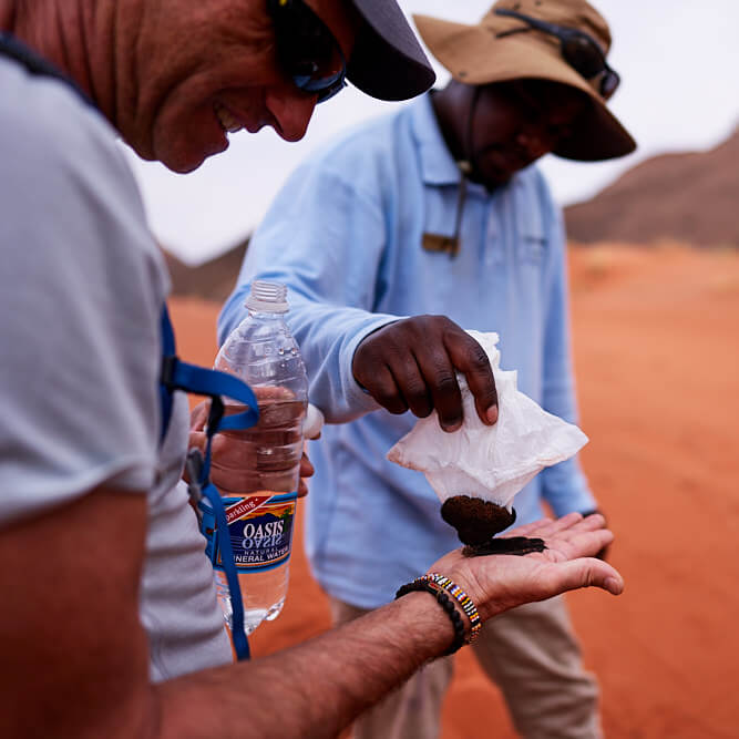 Dieses Bild zeigt die Interaktion zwischen unserem Guide und einem Teilnehmer des Tok Tokkie Trails. Wir haben die magnetischen Partikel aus dem Sand isoliert. 