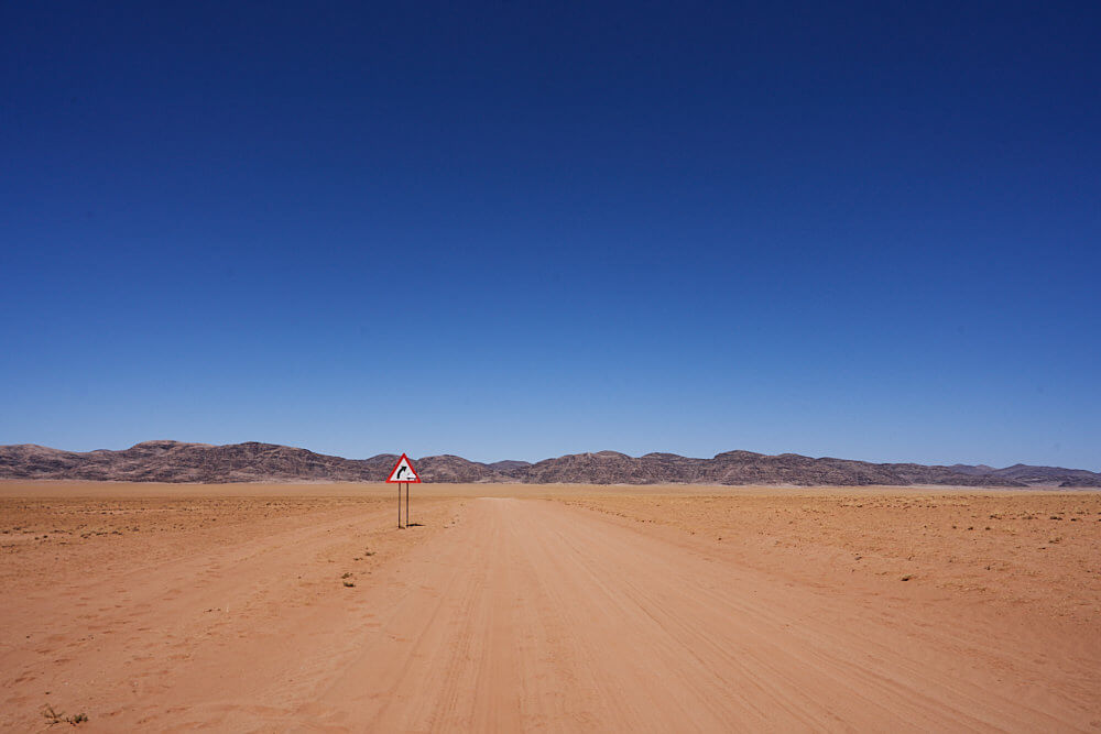 The picture shows a gravel road in the middle of the Kaokoland wasteland.