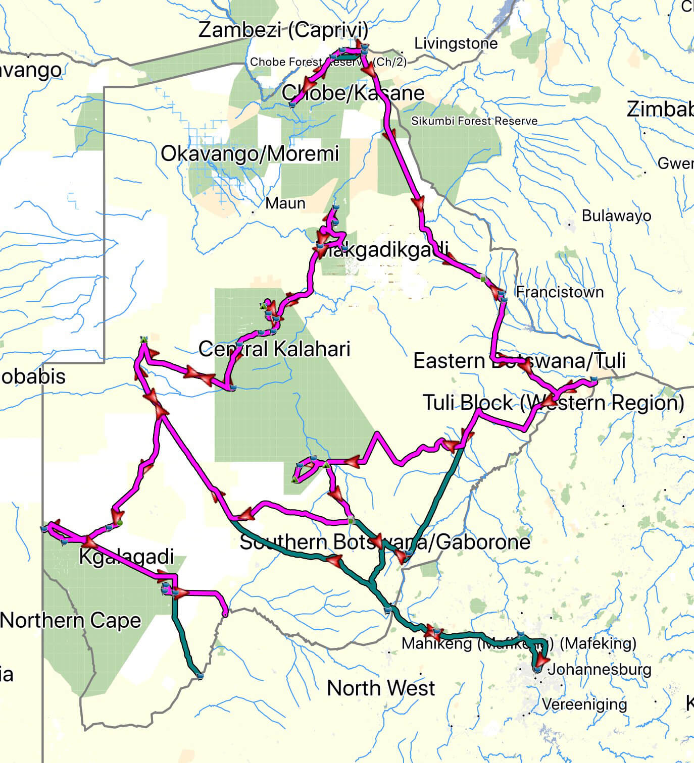 Das Bild zeigt unsere gefahrene Route in Botswana auf einer Karte.
