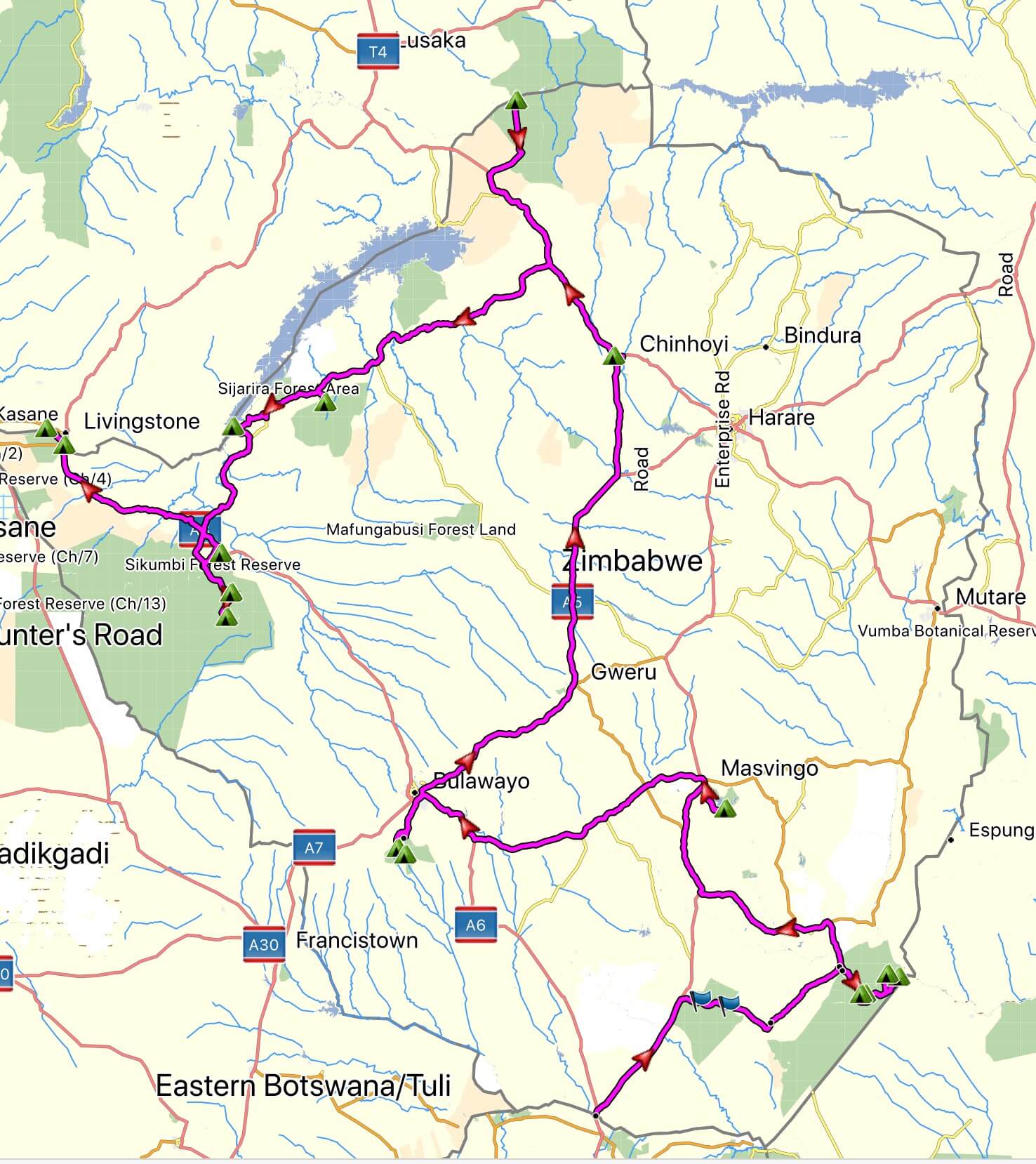 Das Bild zeigt unsere Route durch Simbabwe auf einer Karte.